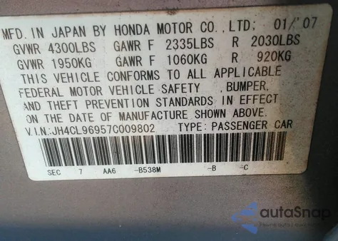 2007 Acura Tsx z USA, uszkodzony, nr VIN JH4CL96957C009802